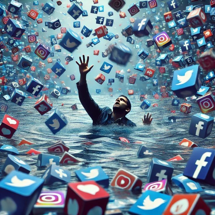 A person reaching up out of water, surrounded by falling social media and content icons